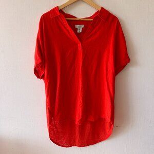 Martha Stewart Popover Blouse Womens 1X Collared Short Sleeve Linen Blend Orange